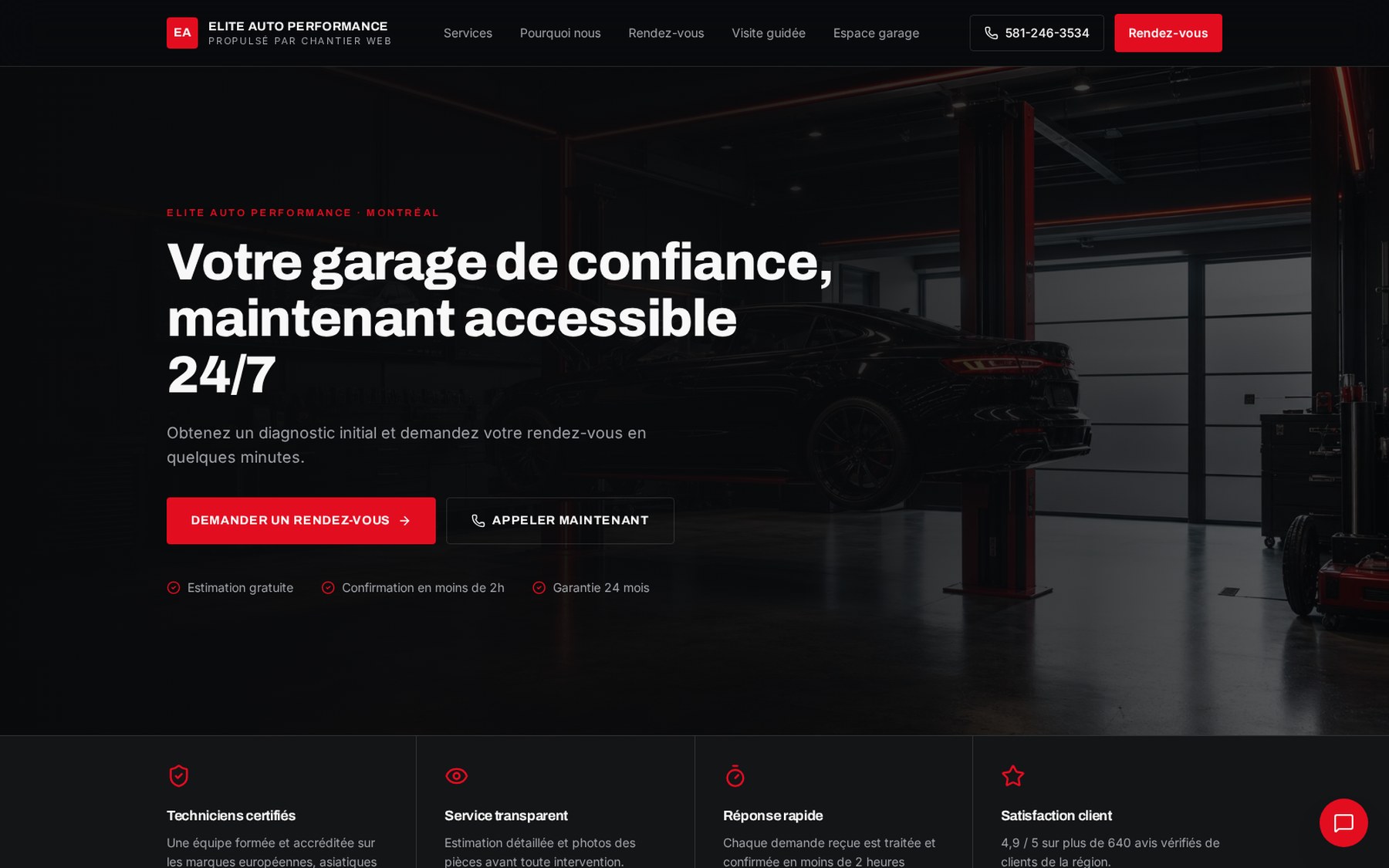 Aperçu du site web réalisé par Chantier Web pour Elite Auto Performance